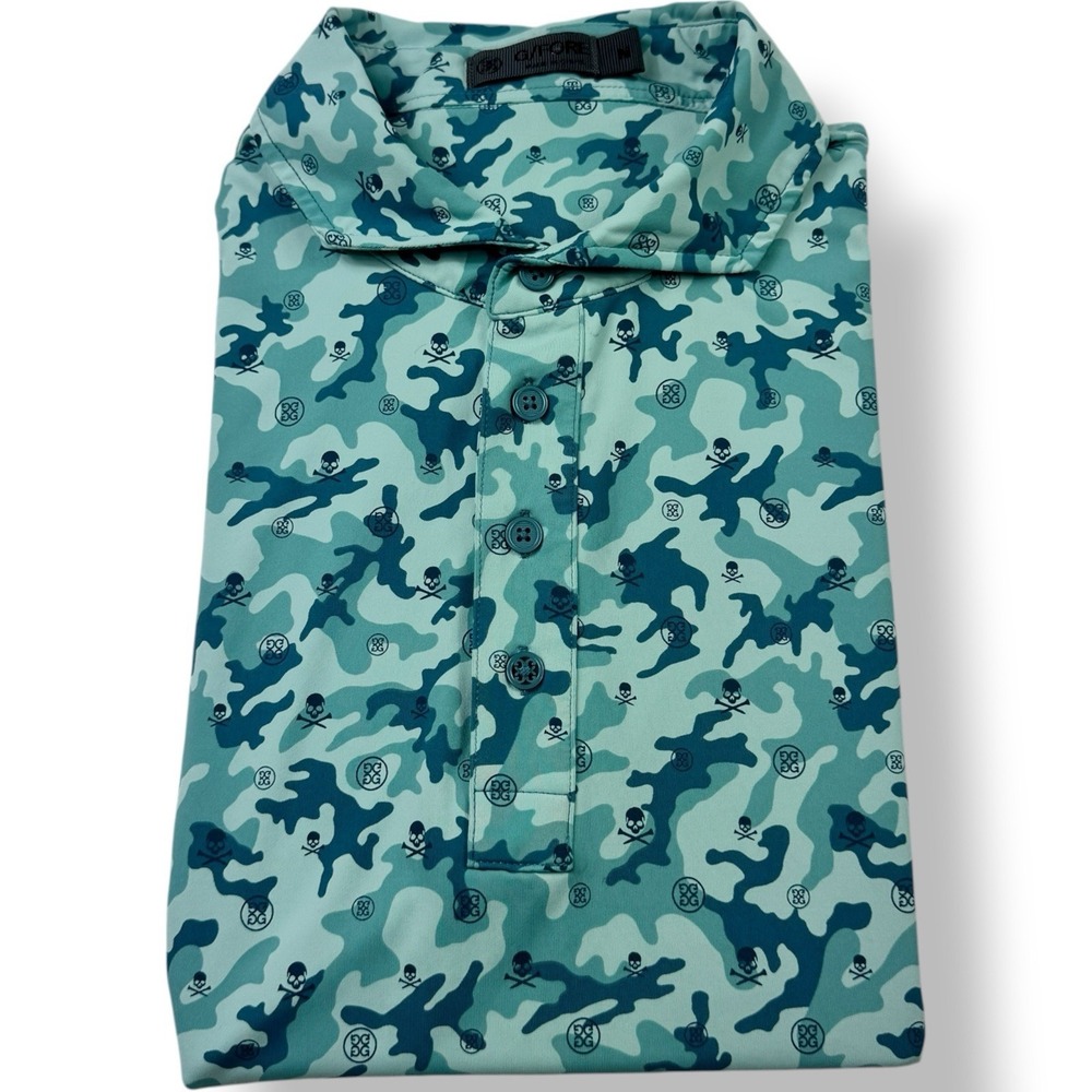 G/FORE Green Camo Skull Tee Golf Polo Shirt Men's Medium Slim Polyester Spandex